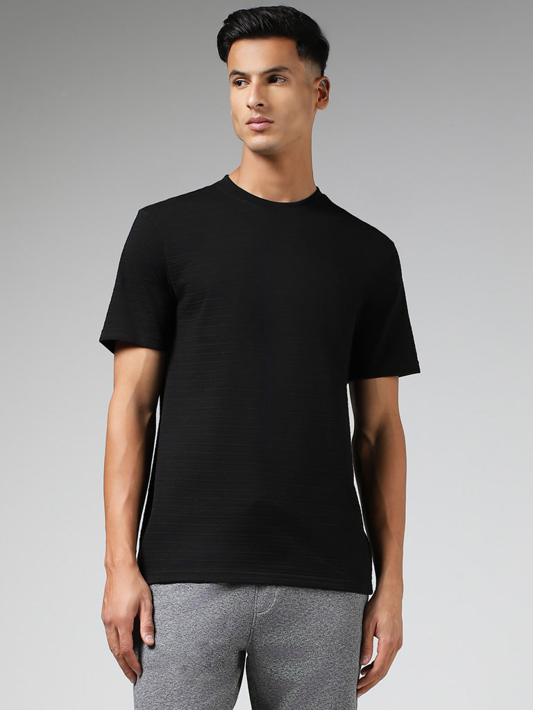 WES Lounge Black Self-Striped Cotton Blend Relaxed-Fit T-Shirt