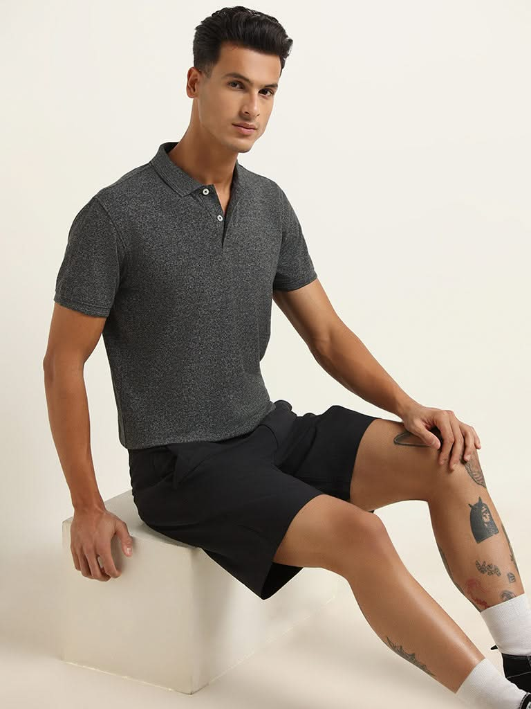 WES Casuals Grey Self-Patterned Cotton Blend T-Shirt