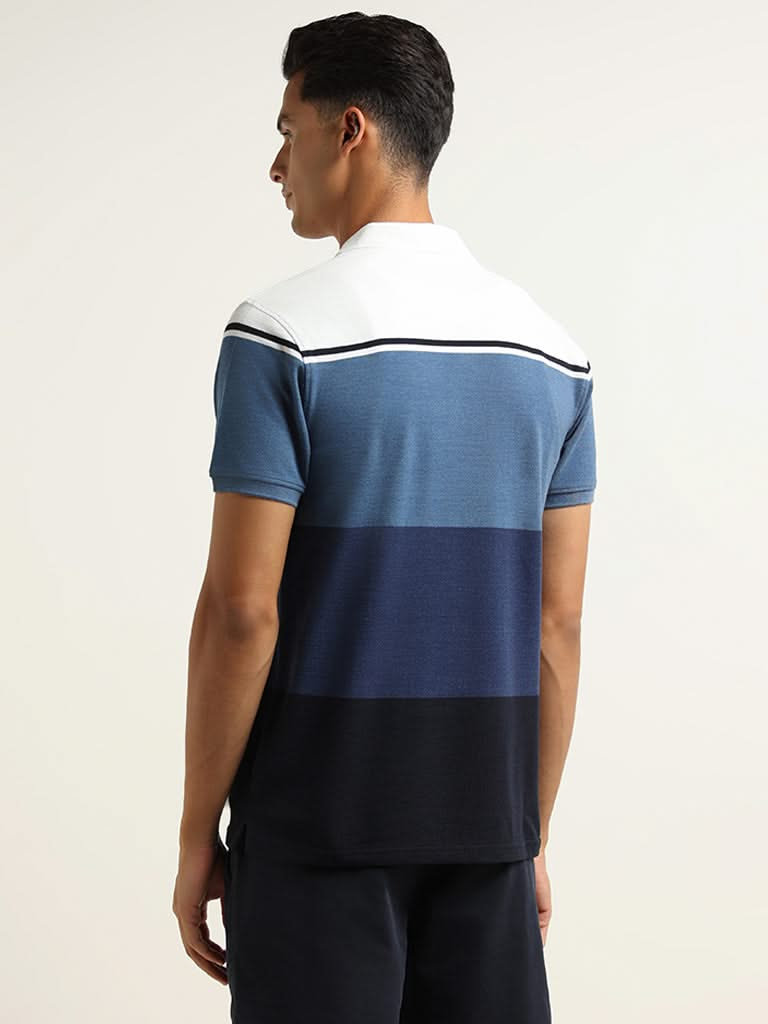 WES Casuals Blue Striped Cotton Blend T-Shirt