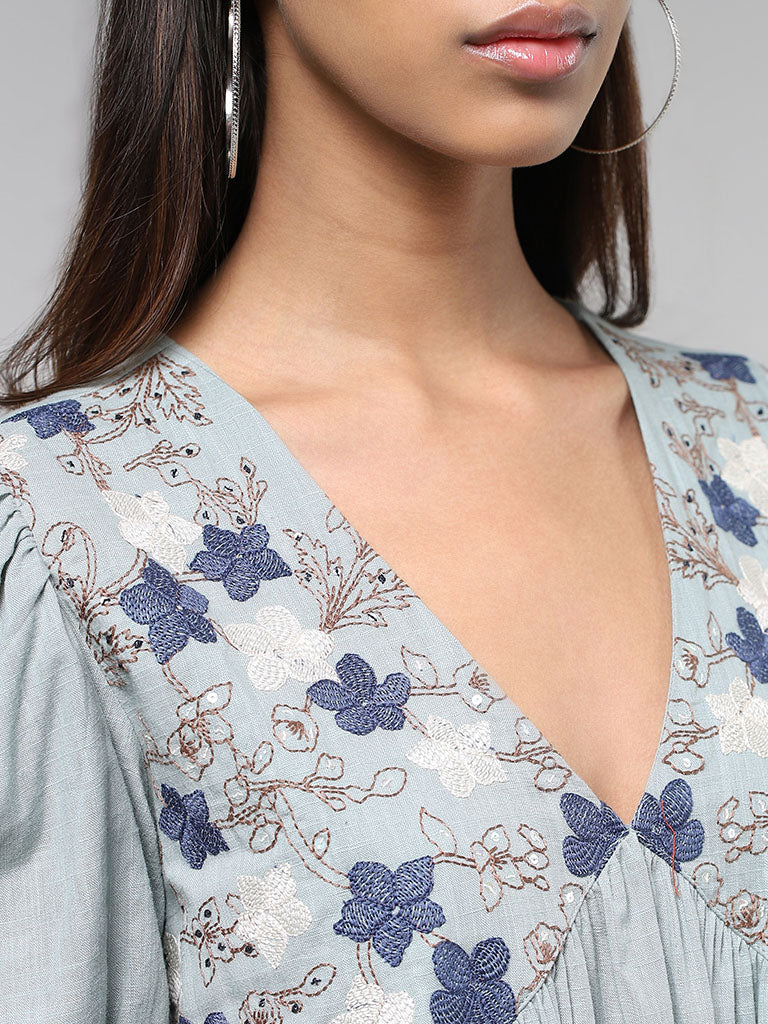 Bombay Paisley Ice Blue Floral Embroidered Cotton Tiered Dress