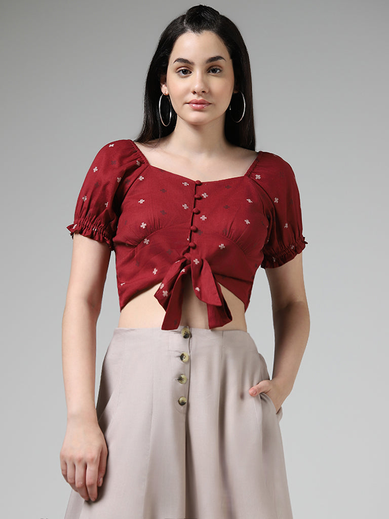 Bombay Paisley Maroon Printed Blended Linen Tie-Up Crop Top