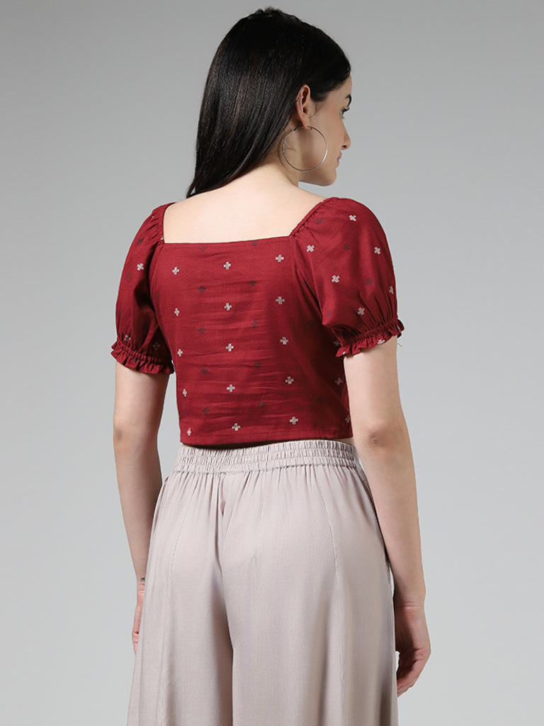 Bombay Paisley Maroon Printed Blended Linen Tie-Up Crop Top