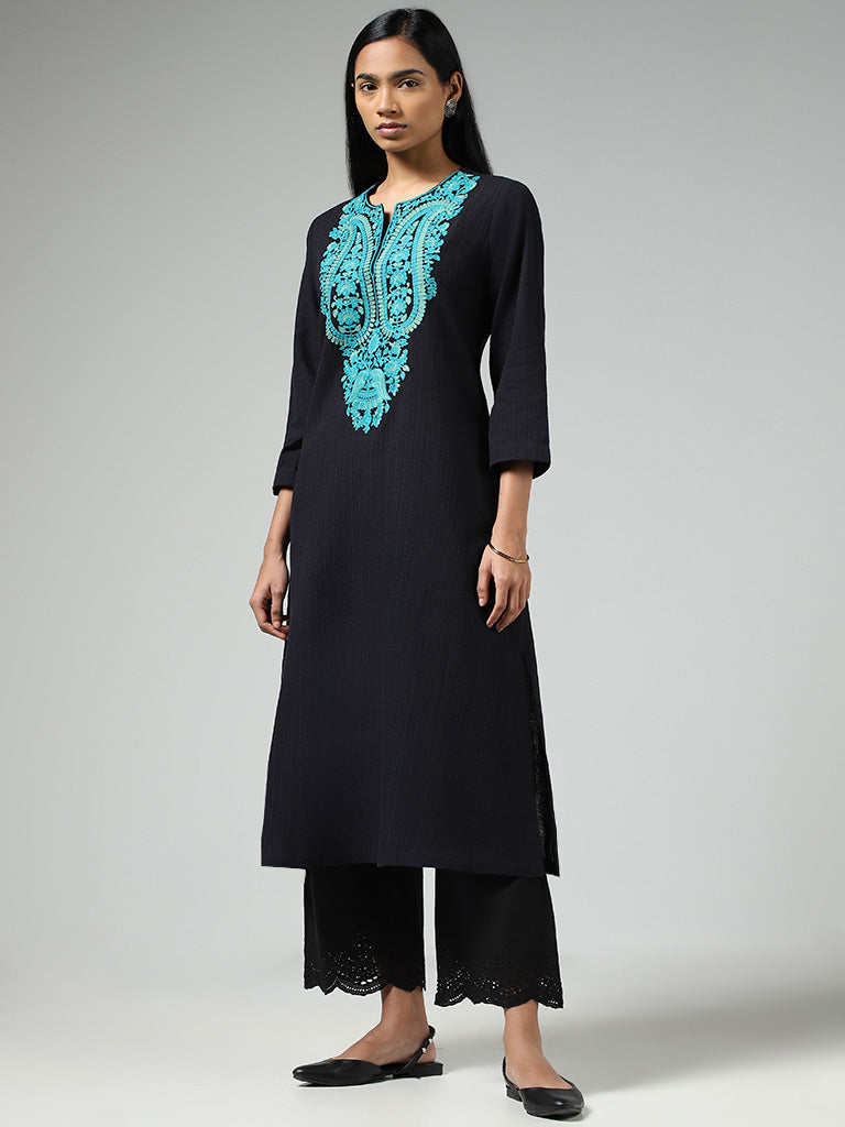 Utsa Black Embroidered Cotton Kurta