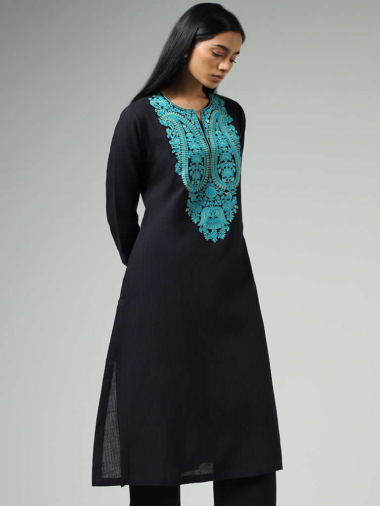 Utsa Black Embroidered Cotton Kurta