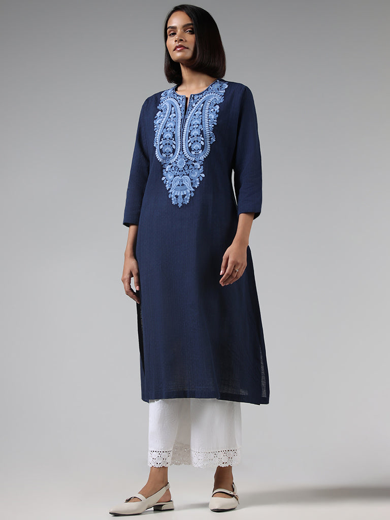 Utsa Navy Embroidered Cotton Kurta