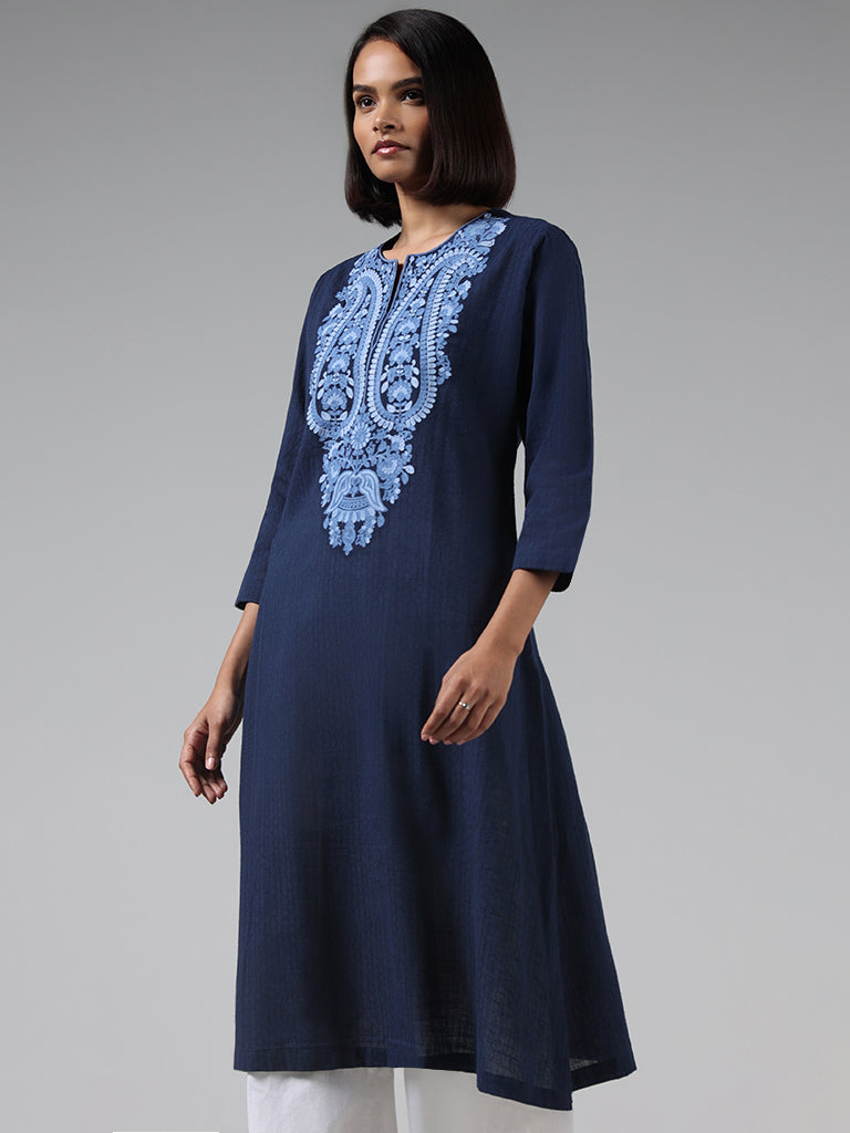 Utsa Navy Embroidered Cotton Kurta