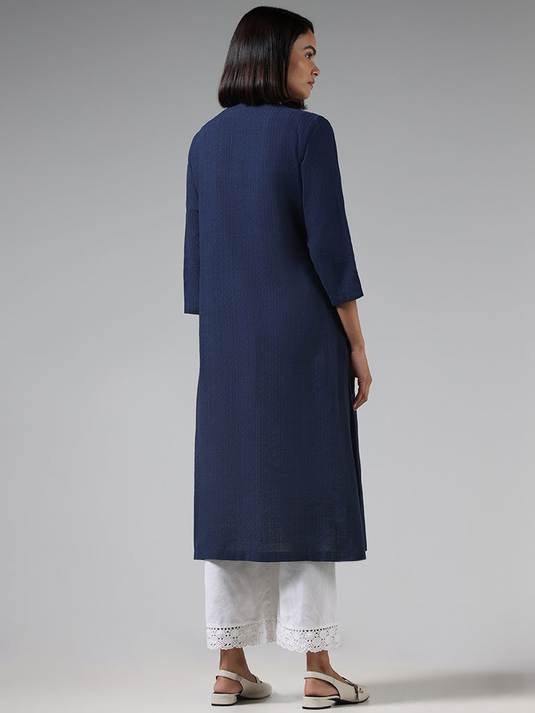 Utsa Navy Embroidered Cotton Kurta