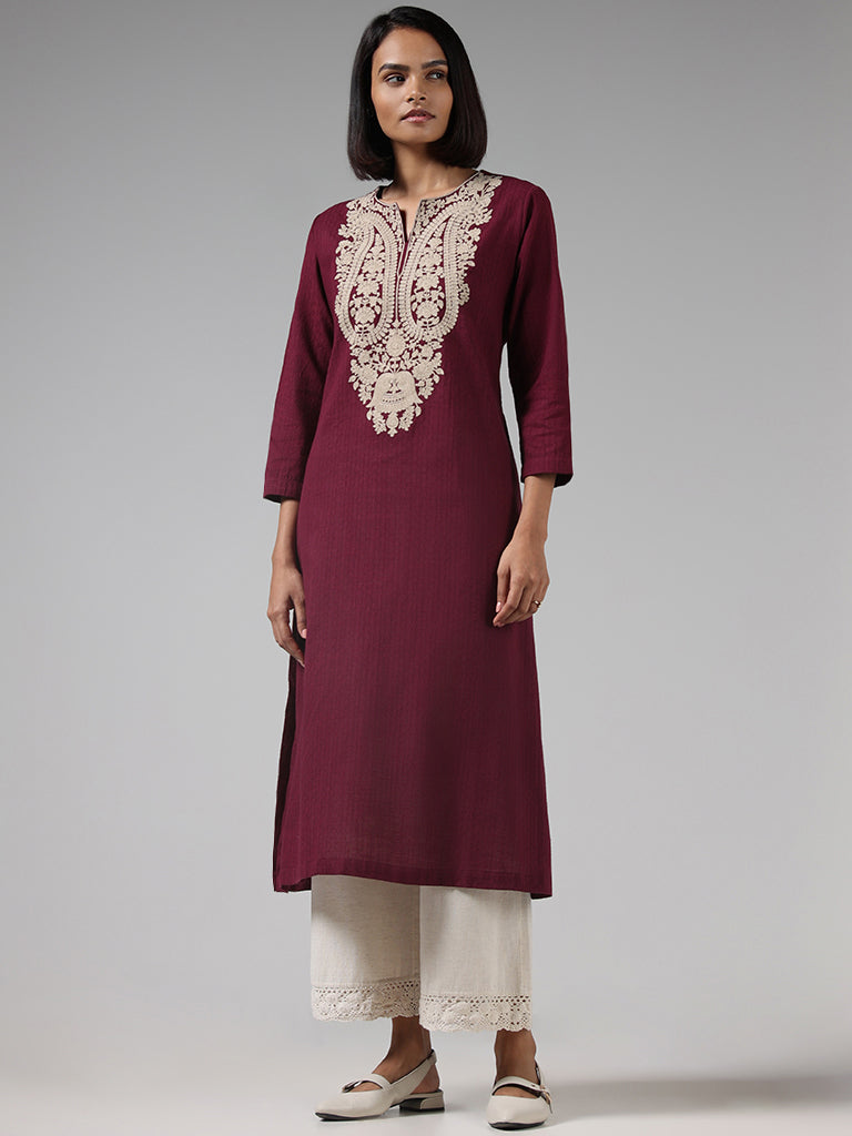 Utsa Maroon Embroidered Cotton Kurta