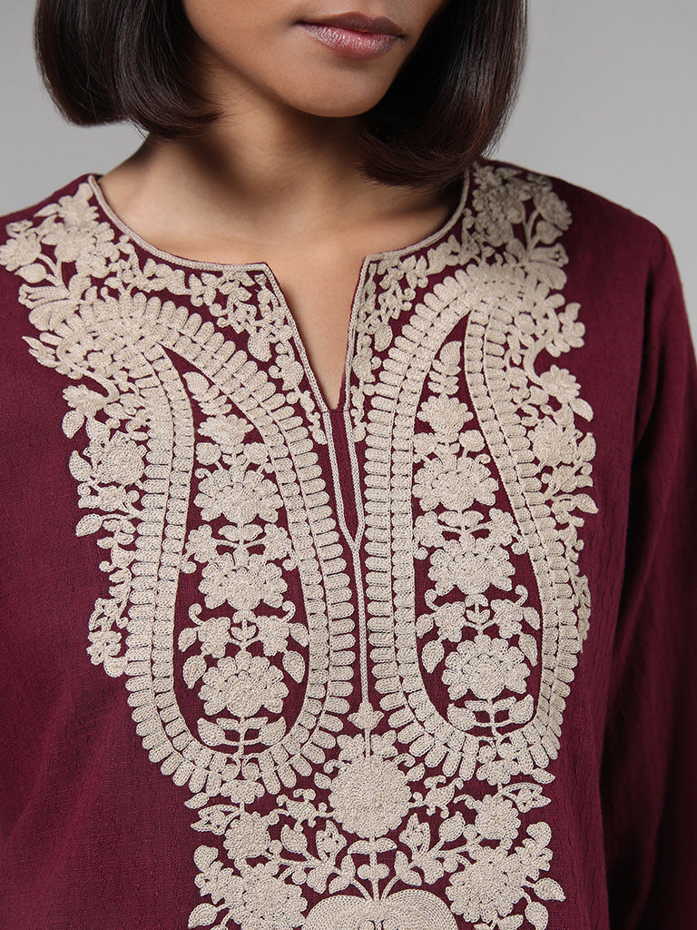 Utsa Maroon Embroidered Cotton Kurta