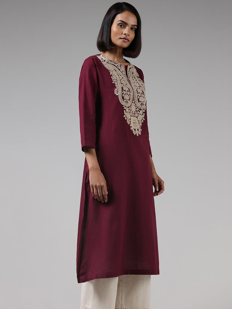 Utsa Maroon Embroidered Cotton Kurta