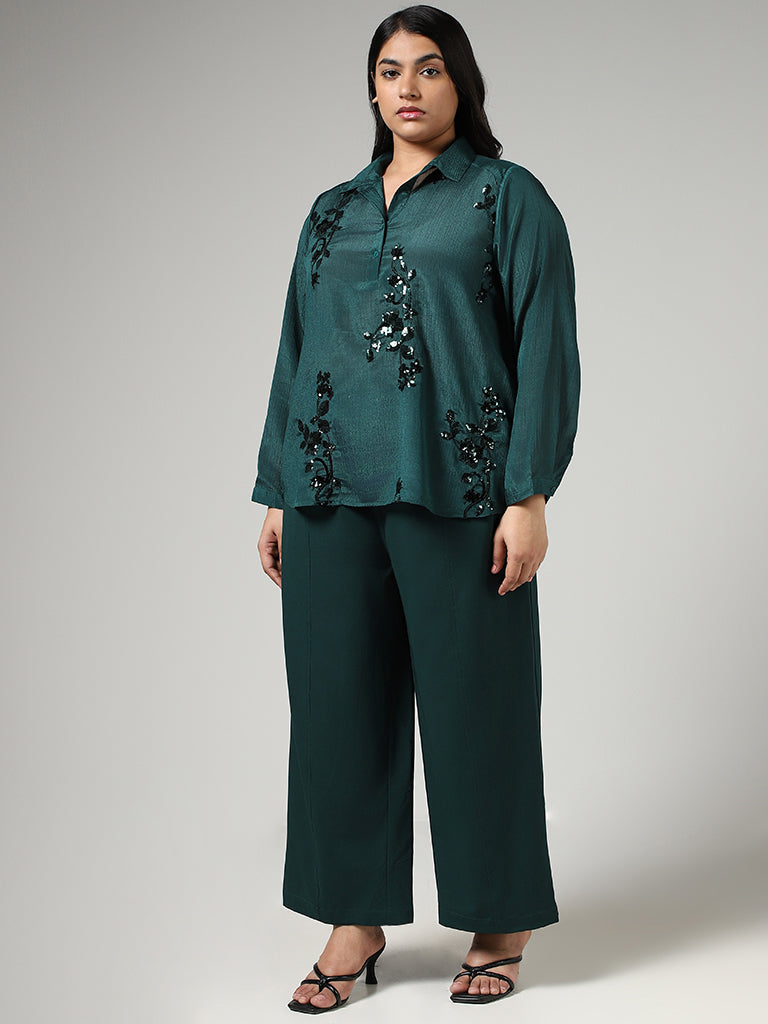 Gia Emerald Green Floral Sequin Embroidered Crepe Top