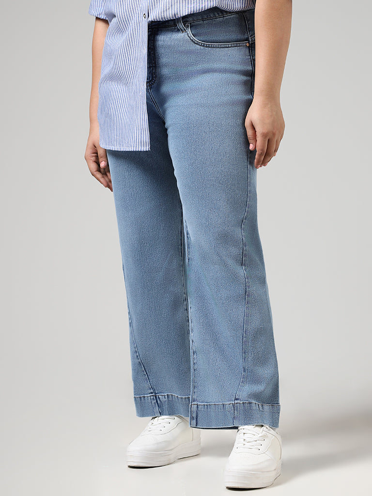 Gia Light Blue Seam Detail Wide Leg Fit Denim Jeans