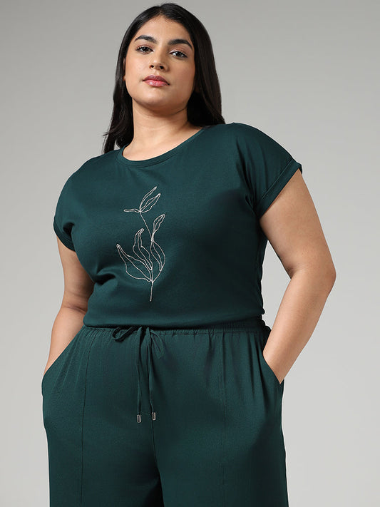 Gia Emerald Green Leaf Embellished Cotton T-Shirt