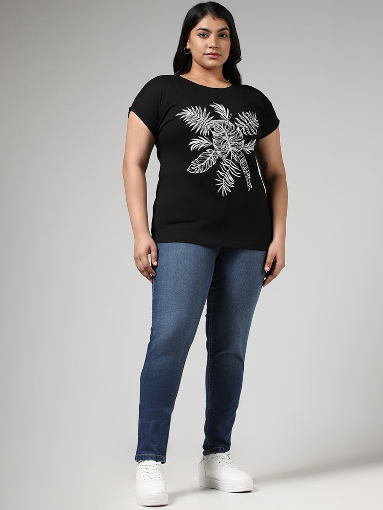 Gia Black Leaf Printed Cotton T-Shirt