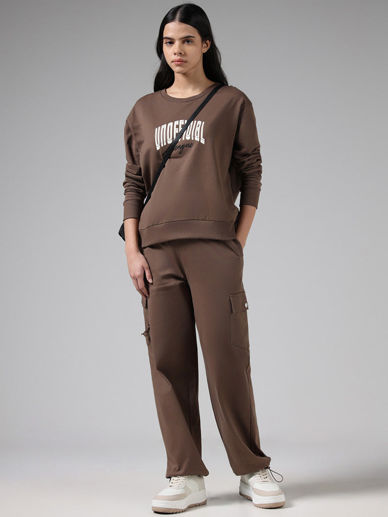 Studiofit Brown Typographic Cotton Sweatshirt