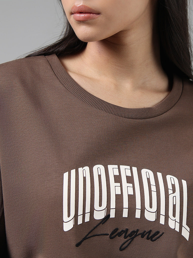 Studiofit Brown Typographic Cotton Sweatshirt