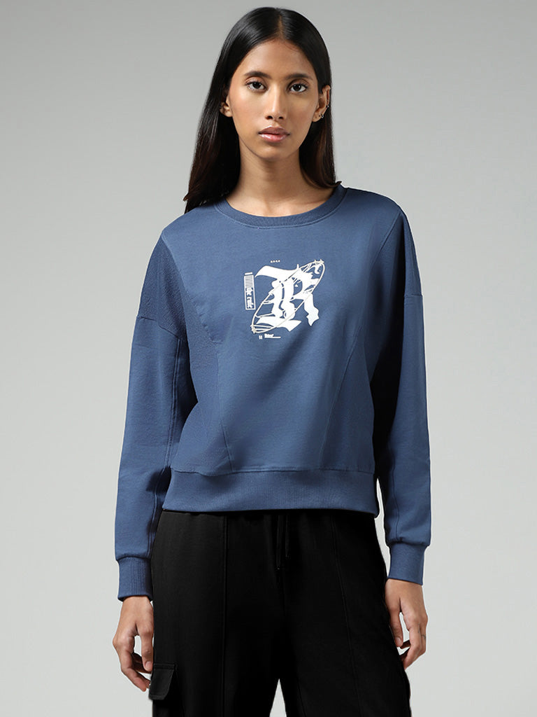 Studiofit Steel Blue Graphic Printed Cotton Blend Sweatshirt