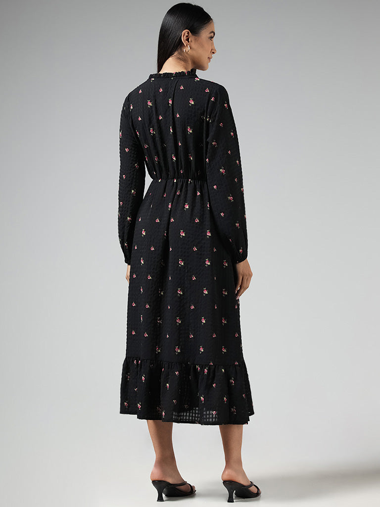 LOV Black Floral Printed Tiered Midi Dress