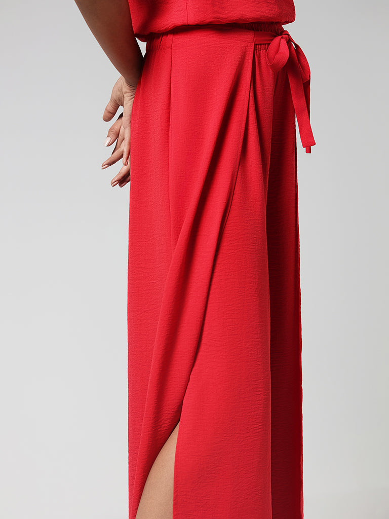 LOV Solid Red Cotton Side Slit Cut Trousers