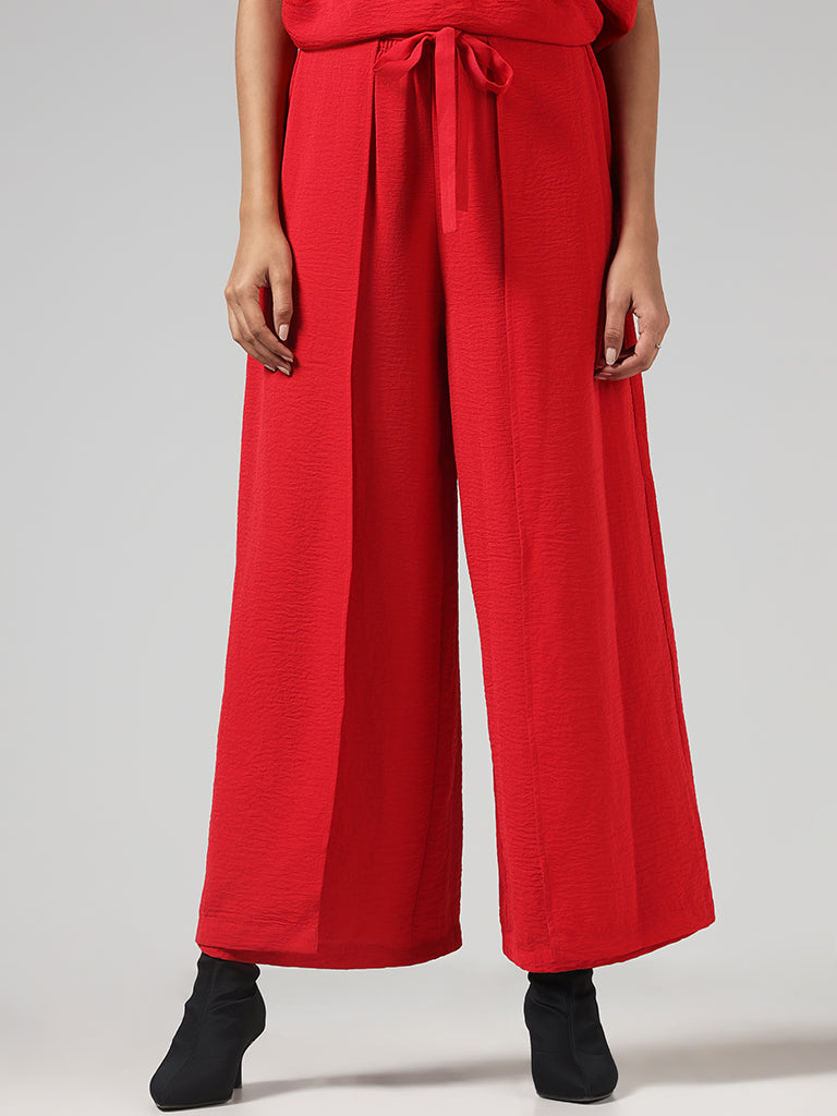 LOV Solid Red Cotton Side Slit Cut Trousers