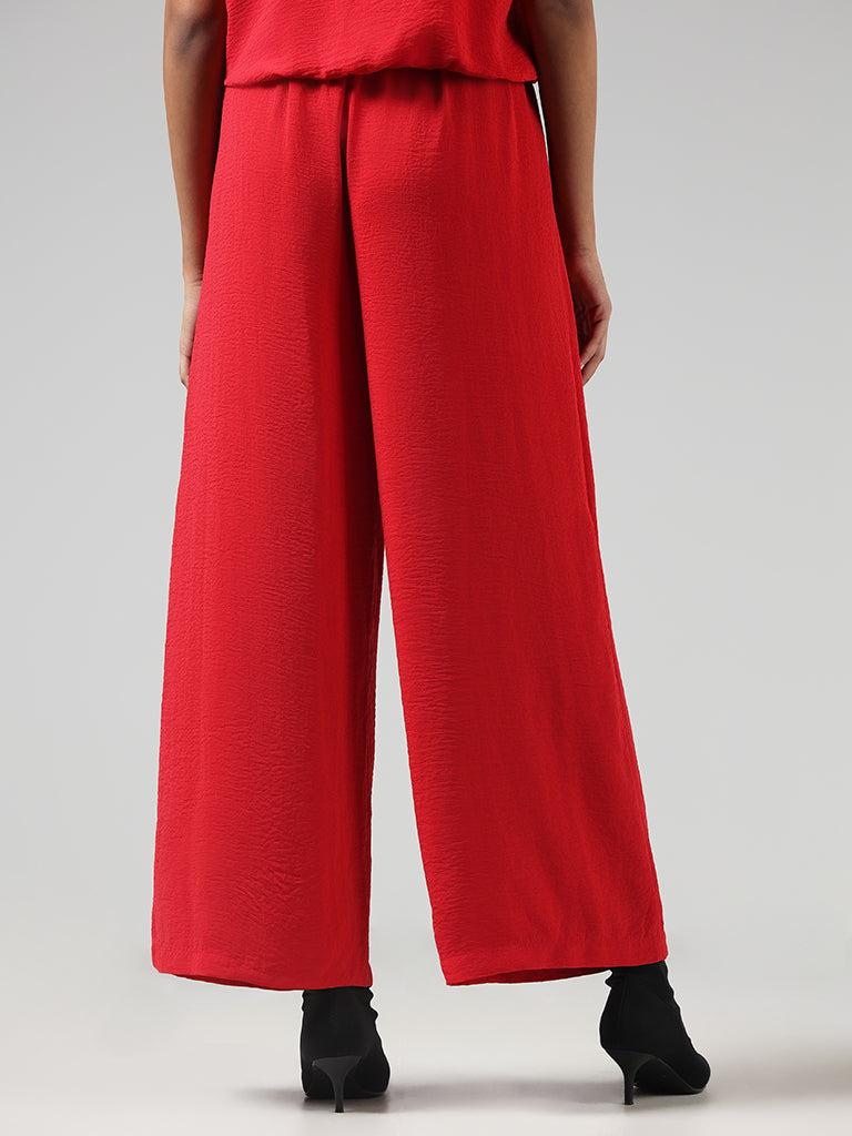 LOV Solid Red Cotton Side Slit Cut Trousers