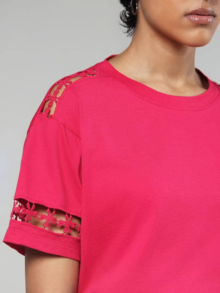 LOV Solid Pink Cotton Lace Insert T-Shirt