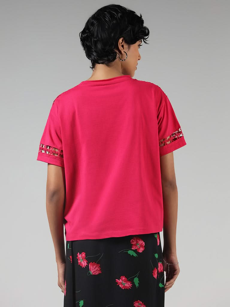 LOV Solid Pink Cotton Lace Insert T-Shirt