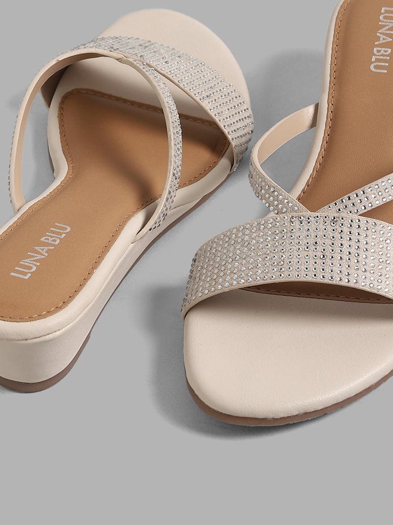 LUNA BLU Cream V-Strap Diamante Wedges Sandals