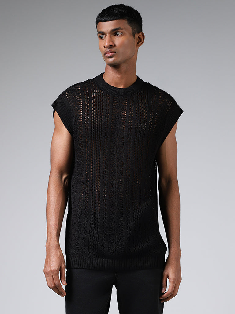 Nuon Black Self-Striped Sleeveless Mesh Slim-Fit T-Shirt