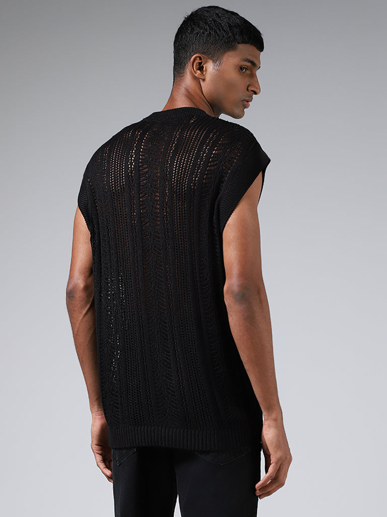 Nuon Black Self-Striped Sleeveless Mesh Slim-Fit T-Shirt