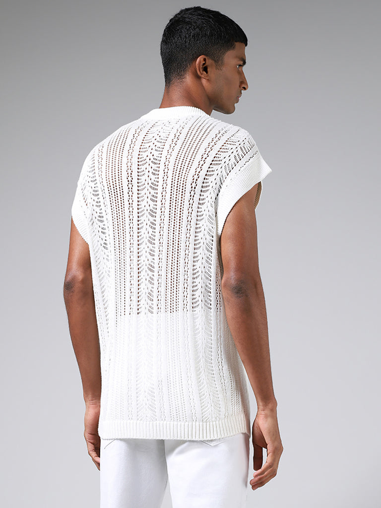 Nuon White Self-Striped Sleeveless Mesh Slim-Fit T-Shirt