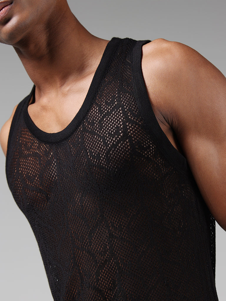 Nuon Black Lace Insert Sleeveless Slim-Fit Vest