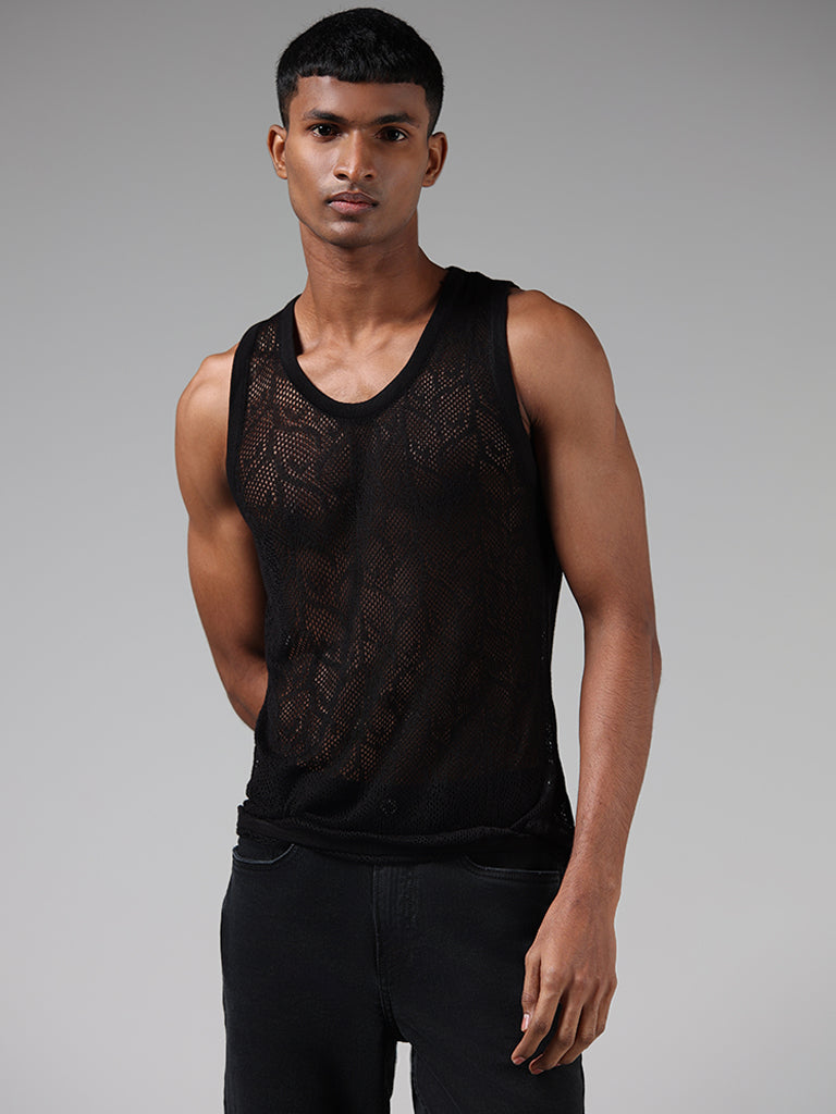 Nuon Black Lace Insert Sleeveless Slim-Fit Vest