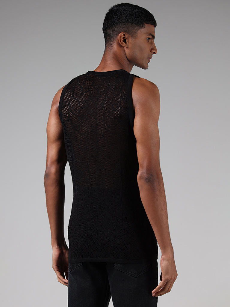 Nuon Black Lace Insert Sleeveless Slim-Fit Vest