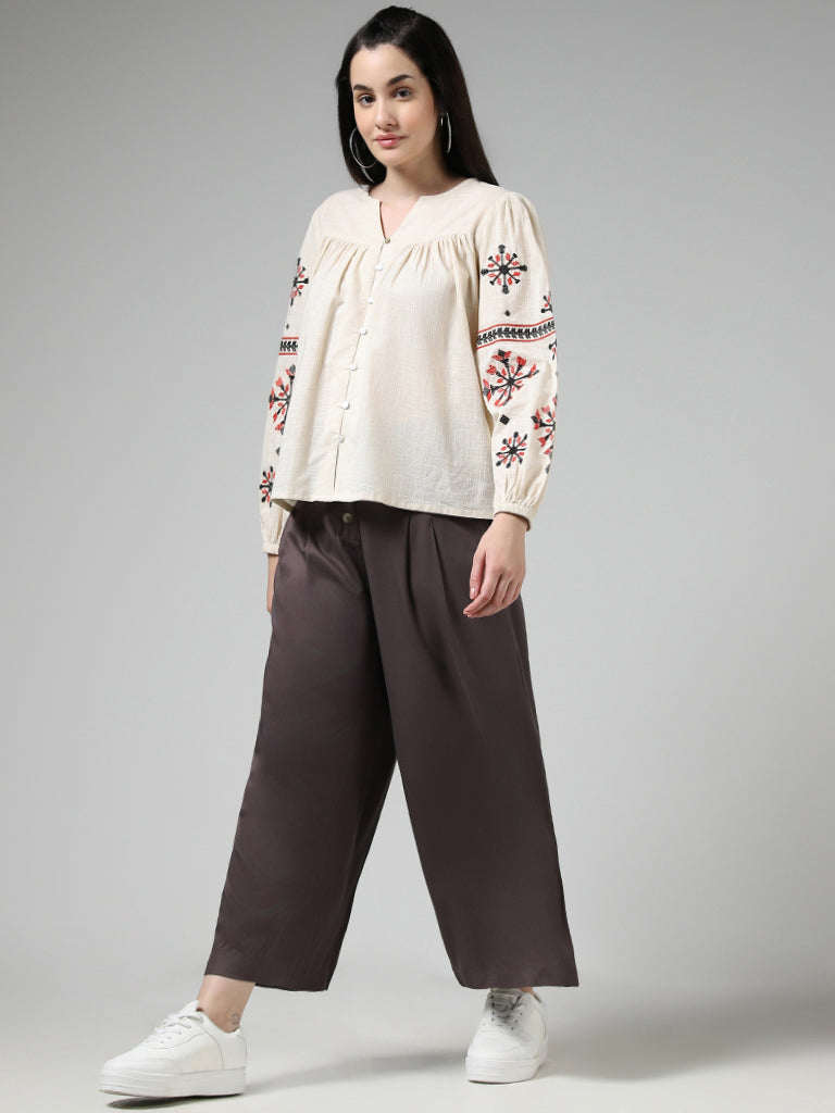 Bombay Paisley Off White Embroidered Cotton Button-Down Top