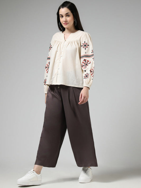 Bombay Paisley Off White Embroidered Cotton Button-Down Top