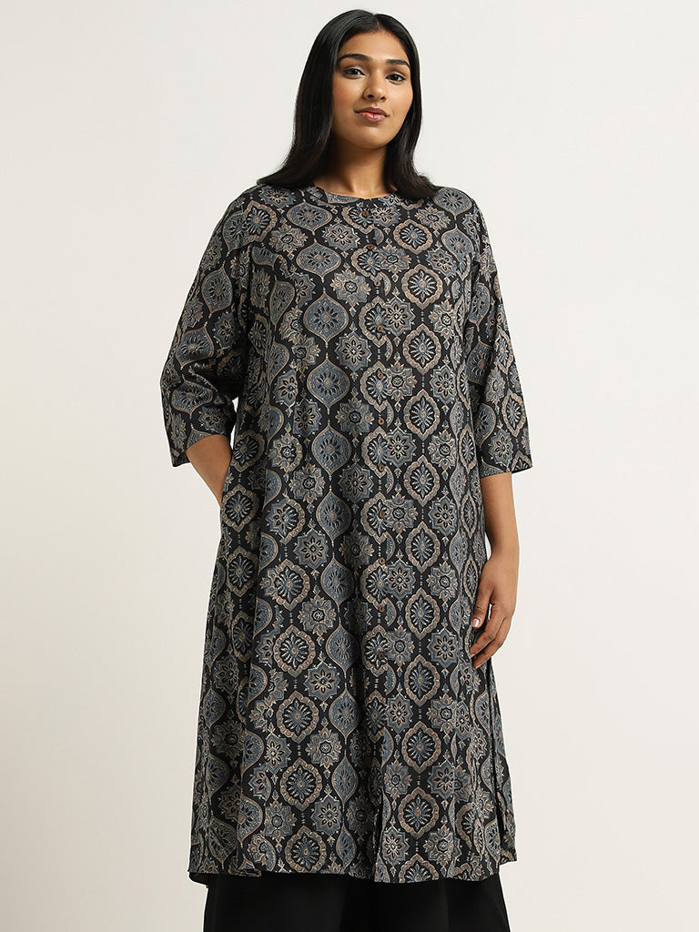 Diza Black Ethnic Printed Cotton Kurta