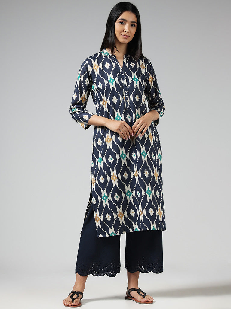 Utsa Navy Geometric Ikat Printed Cotton Kurta