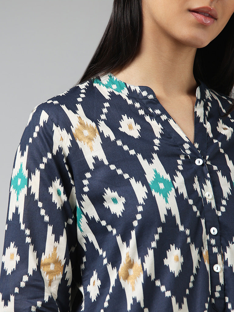 Utsa Navy Geometric Ikat Printed Cotton Kurta