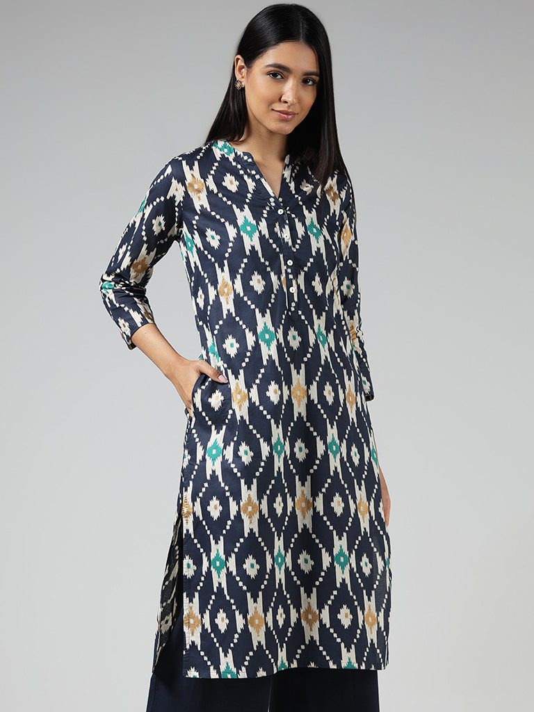 Utsa Navy Geometric Ikat Printed Cotton Kurta