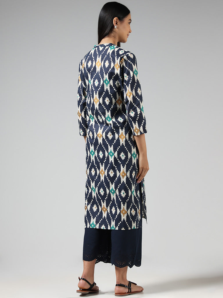 Utsa Navy Geometric Ikat Printed Cotton Kurta