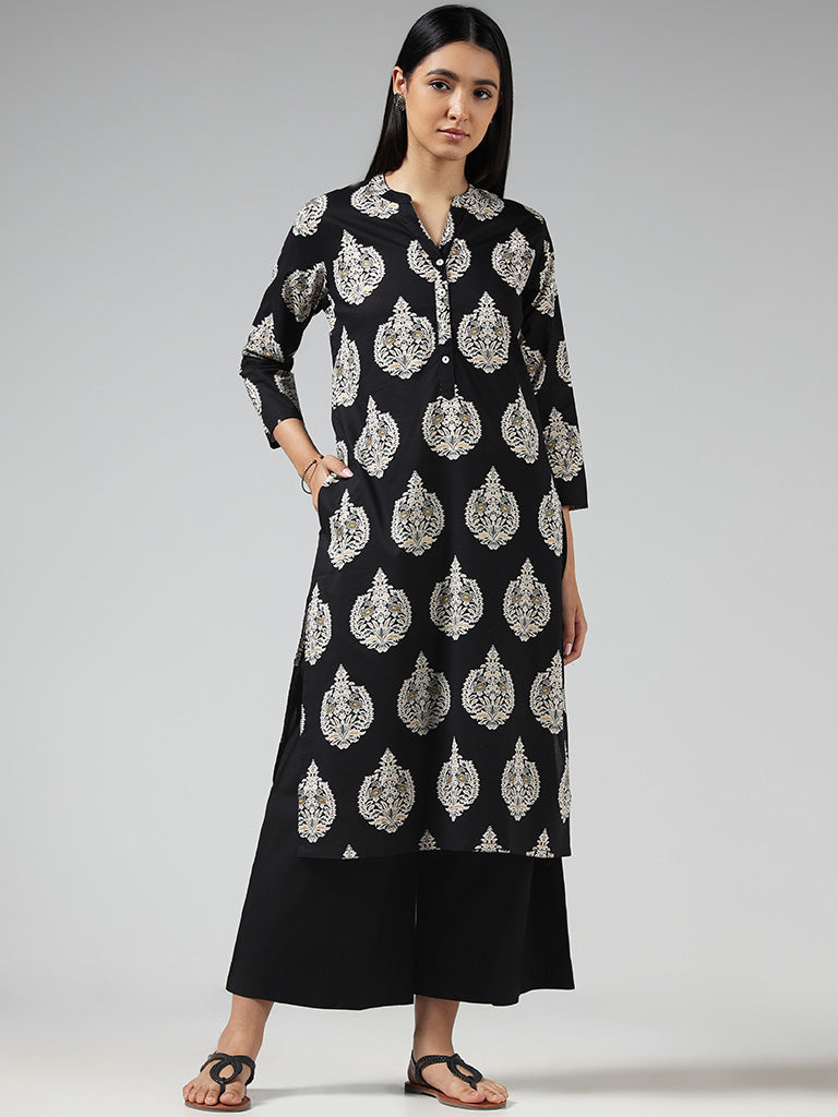 Utsa Black Motif Printed Cotton Kurta