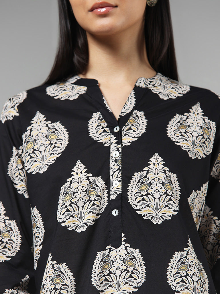 Utsa Black Motif Printed Cotton Kurta