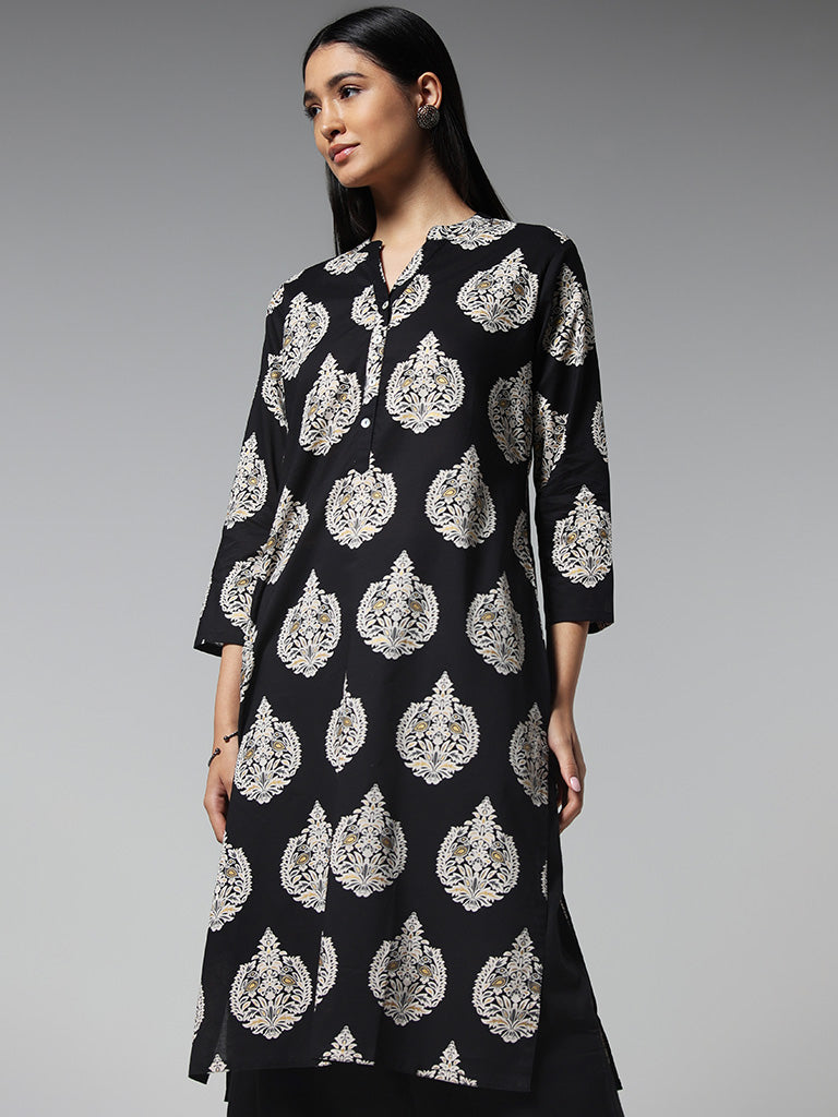 Utsa Black Motif Printed Cotton Kurta