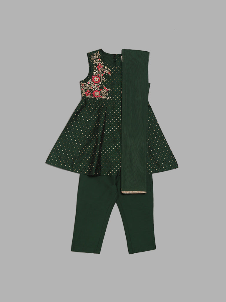 Utsa Kids Dark Green Floral Embroidered Kurta, Pants & Dupatta Set (2 - 8yrs)