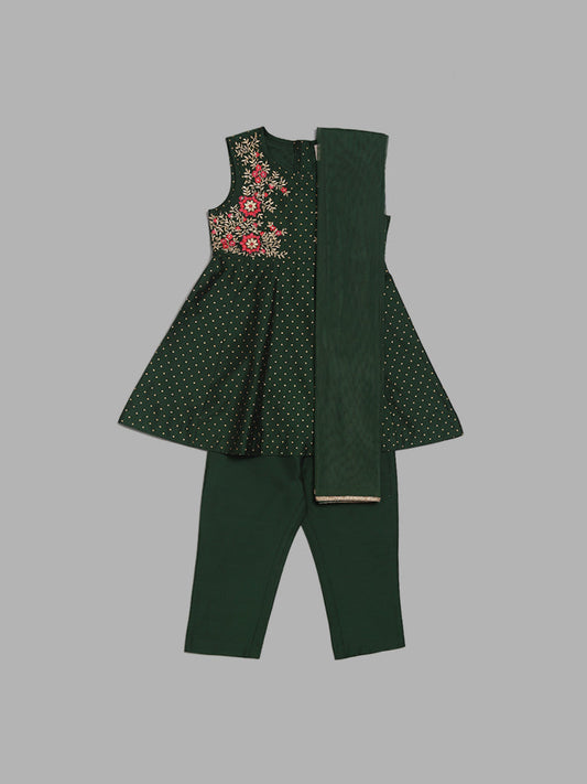 Utsa Kids Dark Green Floral Embroidered Kurta, Pants & Dupatta Set (2 - 8yrs)