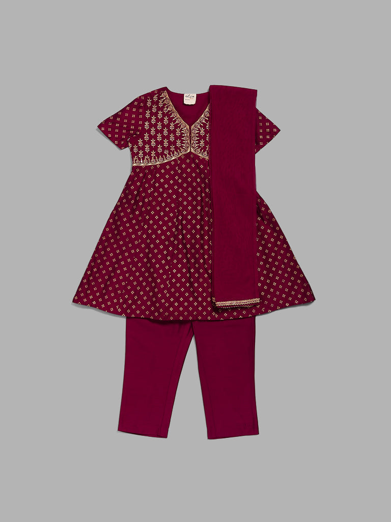 Utsa Kids Magenta Floral Embroidered Kurta, Pants & Dupatta Set (2 - 8yrs)