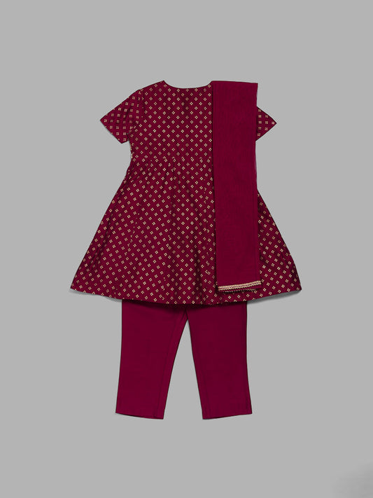 Utsa Kids Magenta Floral Embroidered Kurta, Pants & Dupatta Set (2 - 8yrs)