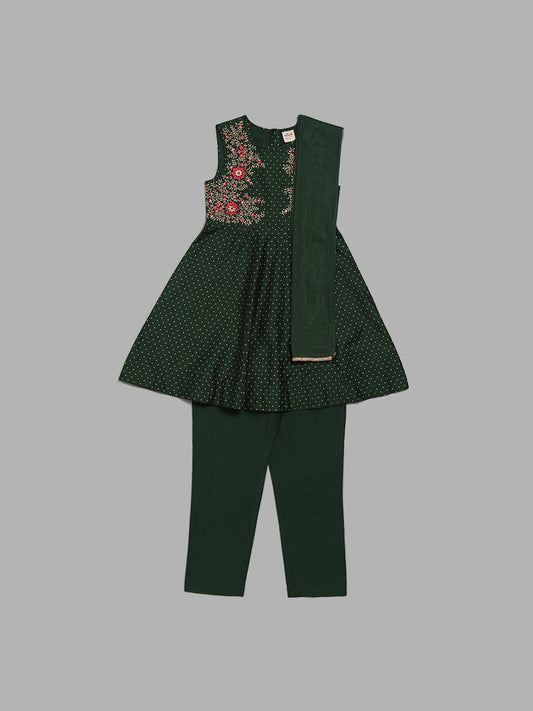 Utsa Kids Dark Green Floral Embroidered Kurta, Pants & Dupatta Set (8 -14yrs)