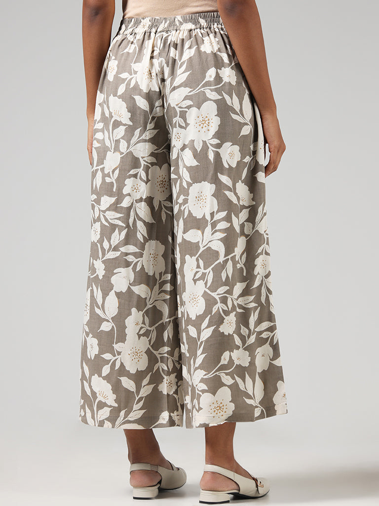 Utsa Grey Floral Printed Mid Rise Palazzos